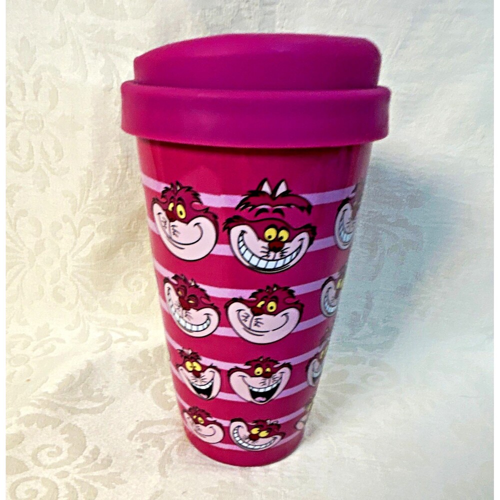 Disney Alice in Wonderland Cheshire Cat Travel Mug Pink Stripes Silicone Lid